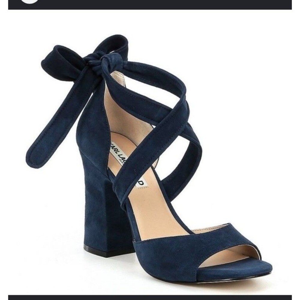 KARL LAGERFELD PARIS Racha Suede Ankle Tie Block Heel Sandals Blue Womens Sz 11B